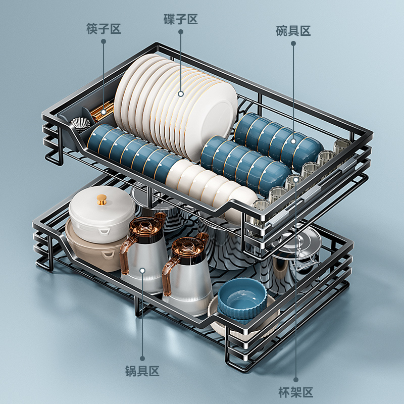四季沐歌厨房橱柜拉篮304不锈钢可定制双层抽屉式碗碟架厨柜碗篮-图3