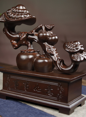 黑檀木雕灵芝事事如意柿子摆件