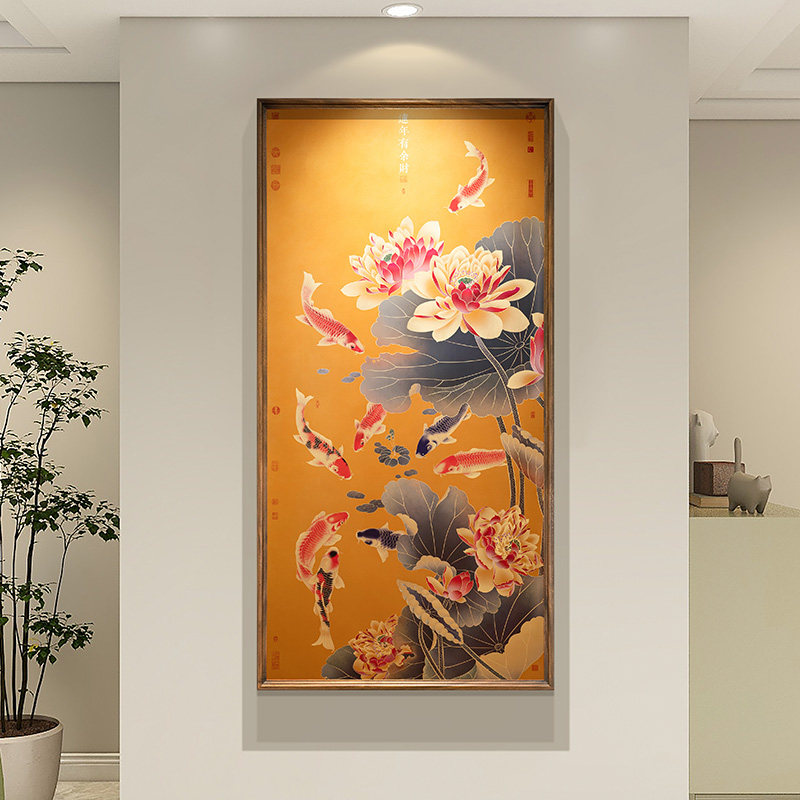 入户挂玄关装饰画荷花九鱼图高端轻奢挂画走廊过道实木铜雕招财画