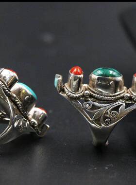 尼泊尔饰品手工藏银绿松石戒指男女开口指环马鞍个性复古民族风