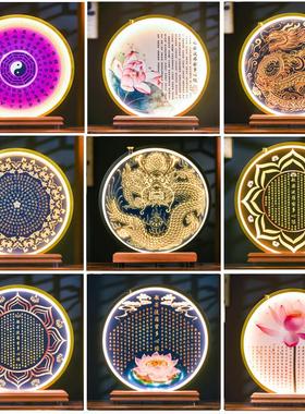 禅意中式佛像背光灯装饰品灯圈佛堂佛台实木心经六字真言底座摆件