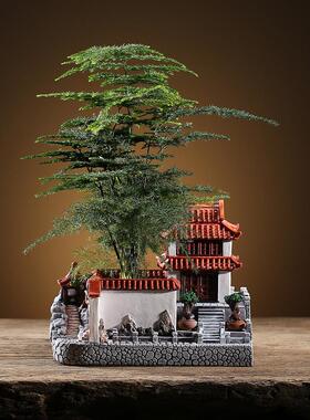 中式苏州园林微景观桌面树脂摆件客厅家居装饰办公室造景房子花盆