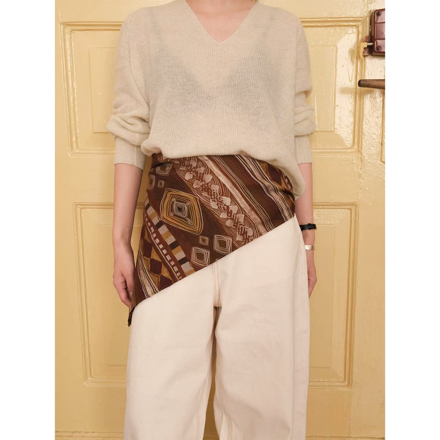 SecondMoon四季时髦百搭定制三色印花丝巾重磅复古方巾头巾腰带