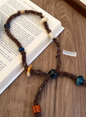 复古针织毛线串珠抽拉项链女2026新款独特设计毛衣链个性挂脖配饰