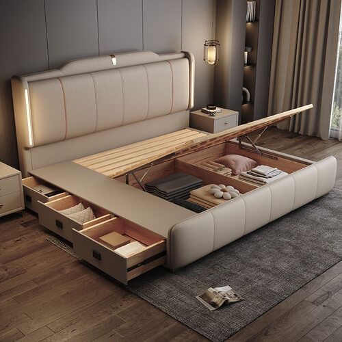 意式轻奢新款带灯真皮床现代简约高端大气主卧1.8米双人床储物床 - 图2