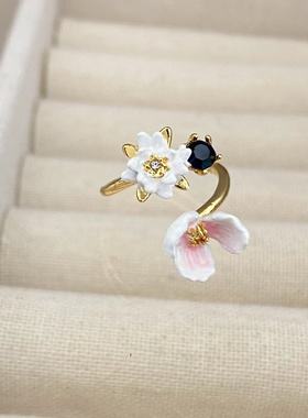 法国珐琅莫奈花园荷花粉色睡莲盛开开口戒指