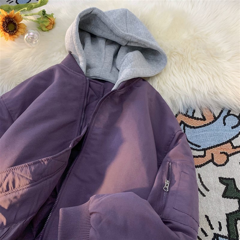 假两件夹克棉衣男2023冬季可拆卸帽外套高街美式军绿Y色保暖面包 - 图1