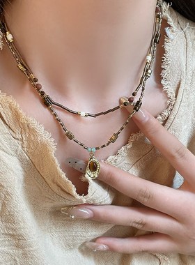 美式虎眼石串珠吊坠项链女复古高级感锁骨链2024新款甜酷颈链配饰