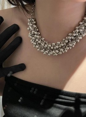 新款月牙双链条夸张球球流苏项链女时尚气质叠戴锁骨链毛衣链配饰