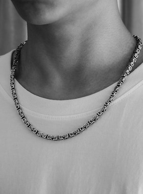 汉风龙纹方形环纯银项链男士复古银饰潮男个性时尚百搭链