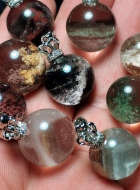 天然水晶绿幽灵四季花幽灵项链千层山聚宝盆转运小球圆珠女款吊坠