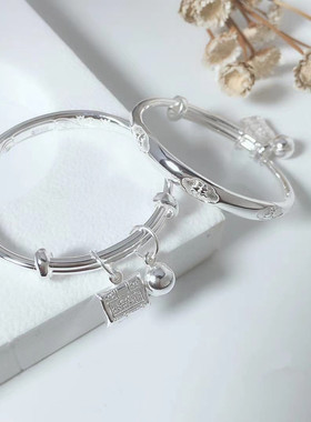 银手镯婴儿999纯银猪鼠宝宝银镯子儿童男女小孩满月银饰百日周岁