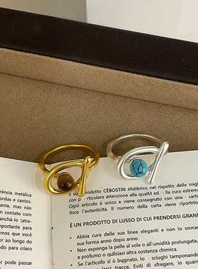 虎眼石绿松石几何哑光金属戒指女设计感个性独特精致时尚指环戒子