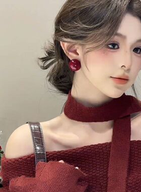 珠光红馒头珠珠耳钉S925银针温柔优雅设计感耳环气质百搭高级耳饰