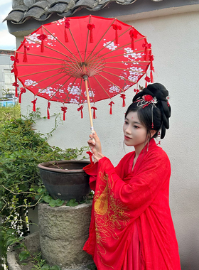 新中式花瓣流苏伞绸布伞拍照汉服道具舞蹈伞古典油纸伞走秀演出伞