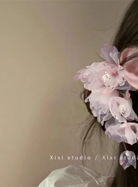 纯欲粉绢纱花朵发夹宫廷风汉服