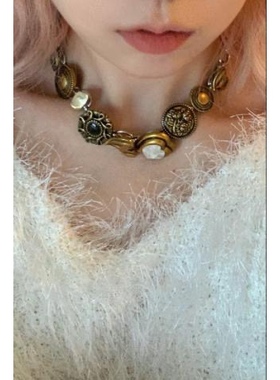 原创 中式朋克钛钢项链复古黄铜做旧vintage钮扣锁骨链