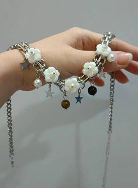 重工项链花朵白色厚链子晚宴百搭超美灵动闪耀项链