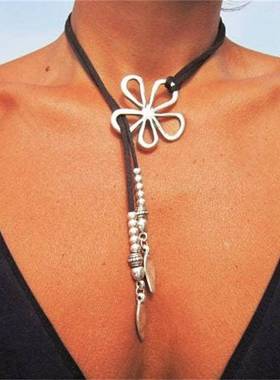 波西米亚个性大海星锁骨链复古月牙花朵漩涡夸张皮绳沙滩吊坠项链