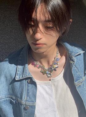 《热恋蔷薇》花叶彩色皓石个性少女项链原创小众设计花卉锁骨链女