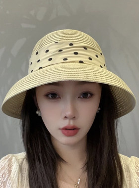 英伦复古赫本波点蝴蝶结帽子女轻薄透气户外出游防晒遮阳渔夫帽