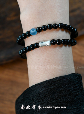 原创设计天然黑檀木双圈手串纯银六字箴言转运珠新中式文玩手链女