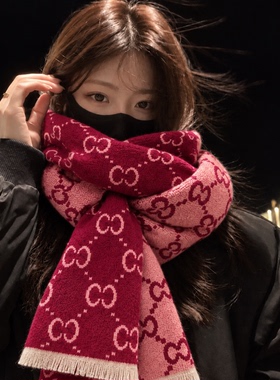 啄木鸟黑色拼色仿羊绒围巾女冬