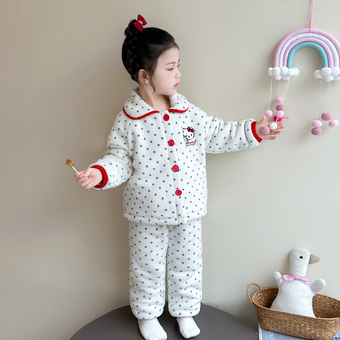 女童睡衣套装秋冬新款双层加绒加厚保暖珊瑚绒家居服法兰绒波点款,淘宝优惠券,粉丝福利购,淘宝优惠卷