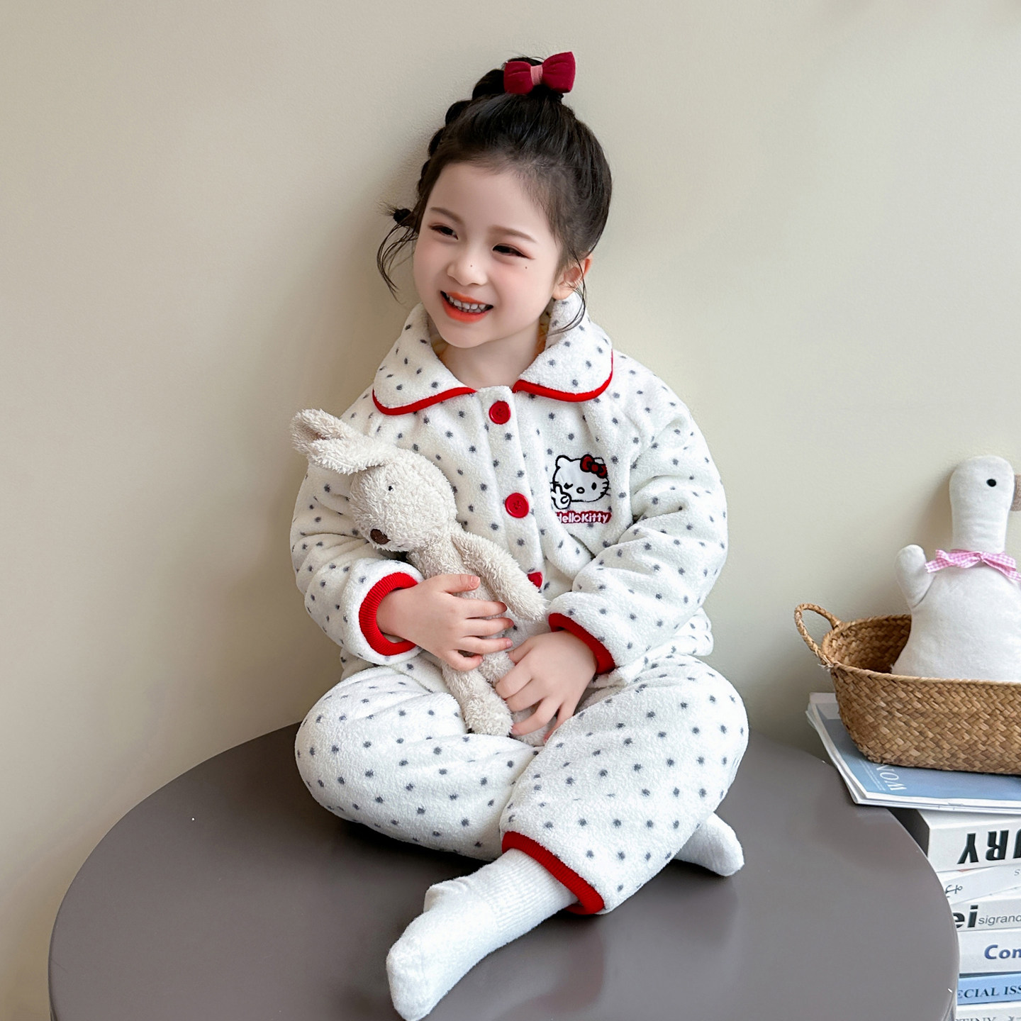 女童睡衣套装秋冬新款双层加绒加厚保暖珊瑚绒家居服法兰绒波点款,淘宝优惠券,粉丝福利购,淘宝优惠卷