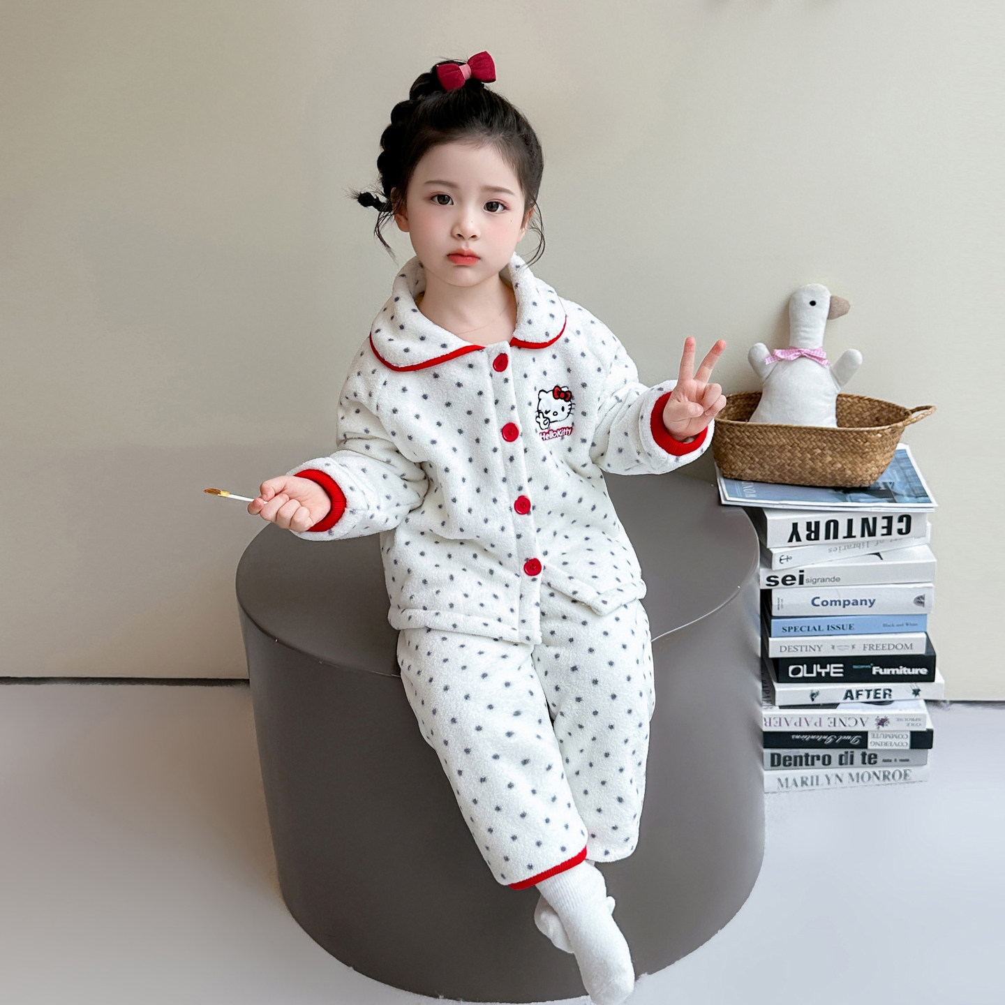 女童睡衣套装秋冬新款双层加绒加厚保暖珊瑚绒家居服法兰绒波点款,淘宝优惠券,粉丝福利购,淘宝优惠卷