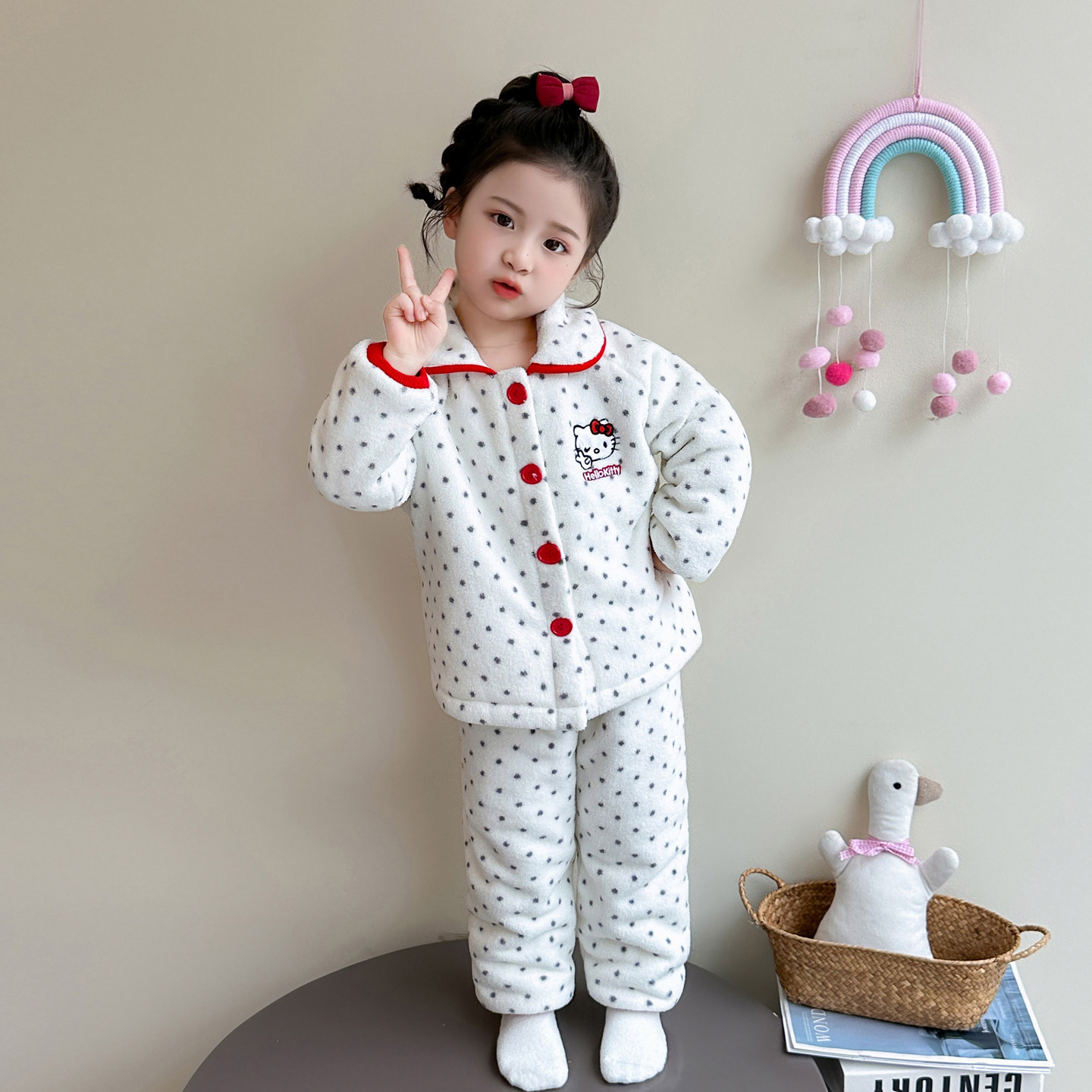 女童睡衣套装秋冬新款双层加绒加厚保暖珊瑚绒家居服法兰绒波点款,淘宝优惠券,粉丝福利购,淘宝优惠卷