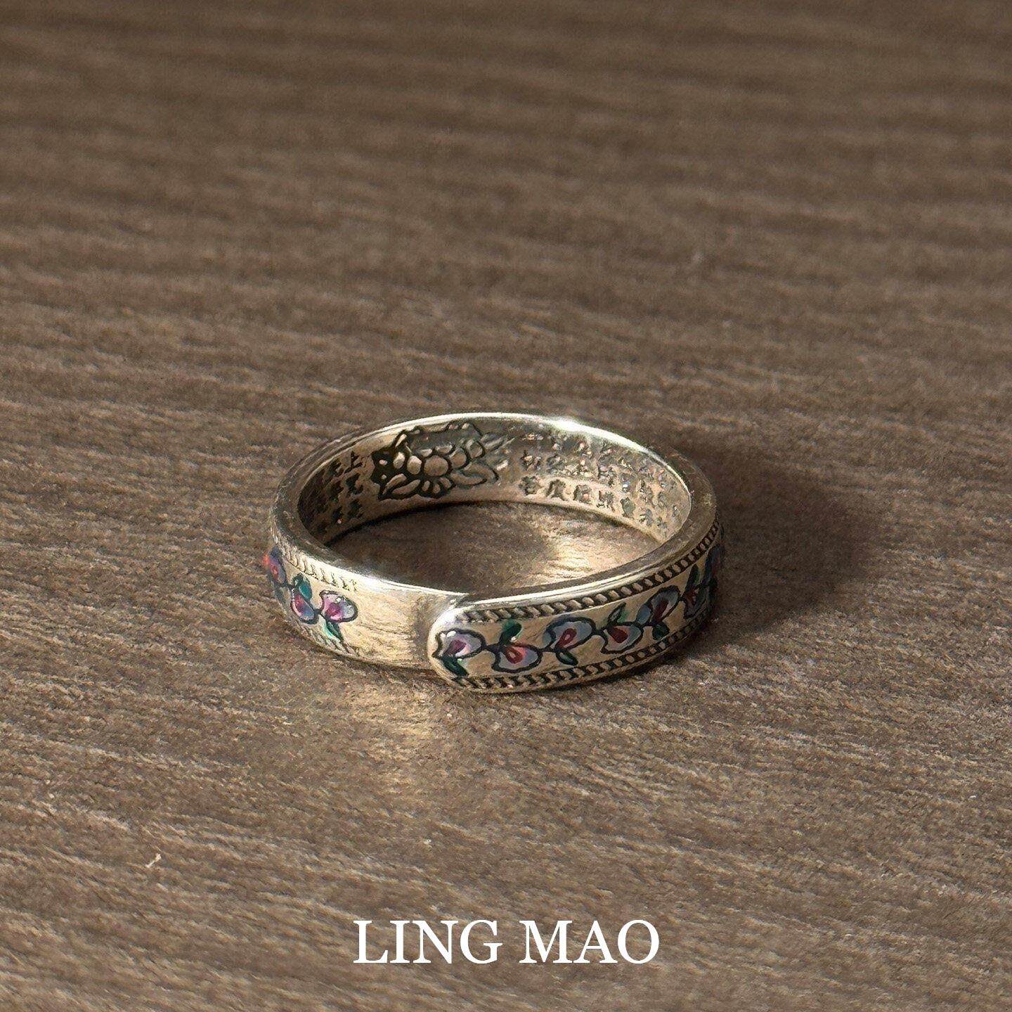 Cold style silver apricot leaf engraving ring new