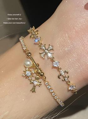 S925纯银金色闪钻十字架手链精致