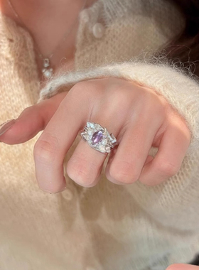 s925纯银紫裙珍珠戒指女小众指环