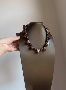 琥珀色豹纹波点方块串珠项链