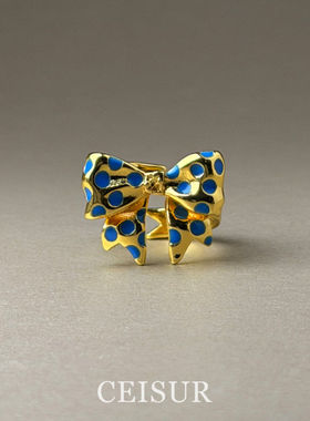 法式蓝色波点立体蝴蝶结戒指精致