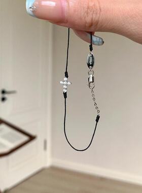 精致满钻十字架手链黑色编织手绳