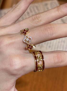 老钱风红色仿钻戒指小众设计轻奢