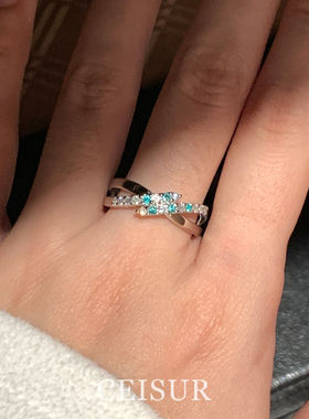 韩系ins风简约蓝色闪钻绕线戒指