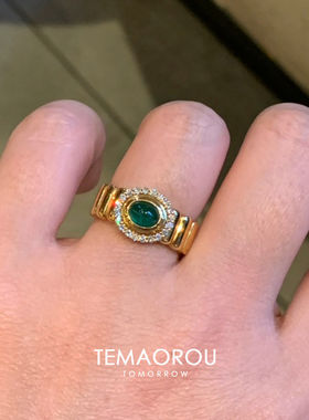 vintage古着感祖母绿钻V金宽口戒