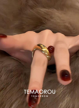 中古仿红玛瑙几何椭圆宽口戒指女