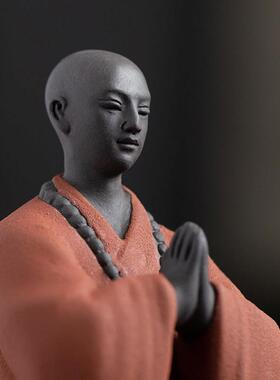 炼器陶瓷禅意小和尚摆件创意紫砂人物家居客厅书房茶桌桌面装饰品
