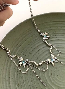 湖蓝色液态蝴蝶项链轻奢小众设计感高级设计感新款女ins镀银饰品