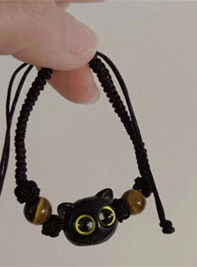 呆萌甜酷小喵ins小众黑色檀木小猫咪编织手链戒指送情侣闺蜜礼物