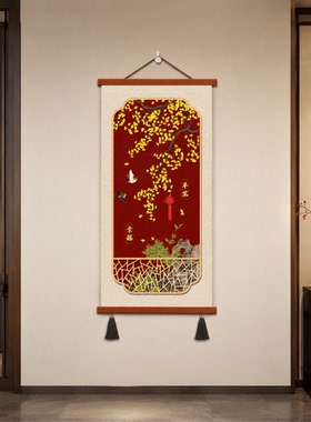 新式国风竖版玄关装饰画玉兰花绶带鸟葫芦迎福见喜客厅走廊挂画