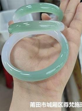 2026天然巴西半山水玛瑙手镯半油青玉髓手镯正圈白色半山半水女款