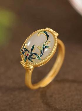 2026天然和田戒指气质民族风花藤蛋面百搭手链女士指环镀金开口可