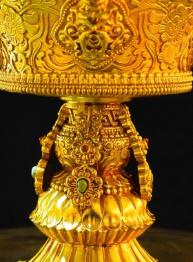 纯铜酥油灯座尼泊尔工艺手工錾刻鎏金八吉祥酥油灯杯五寸七寸九寸