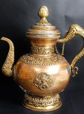 多款印度进口纯铜仿古手工雕花铜茶壶水壶酒壶精品酒店家居摆件