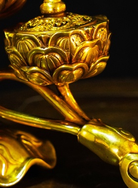 藏式尼泊尔工艺纯铜莲花行炉精品仿古鎏金莲花如意香熏炉八寸摆件